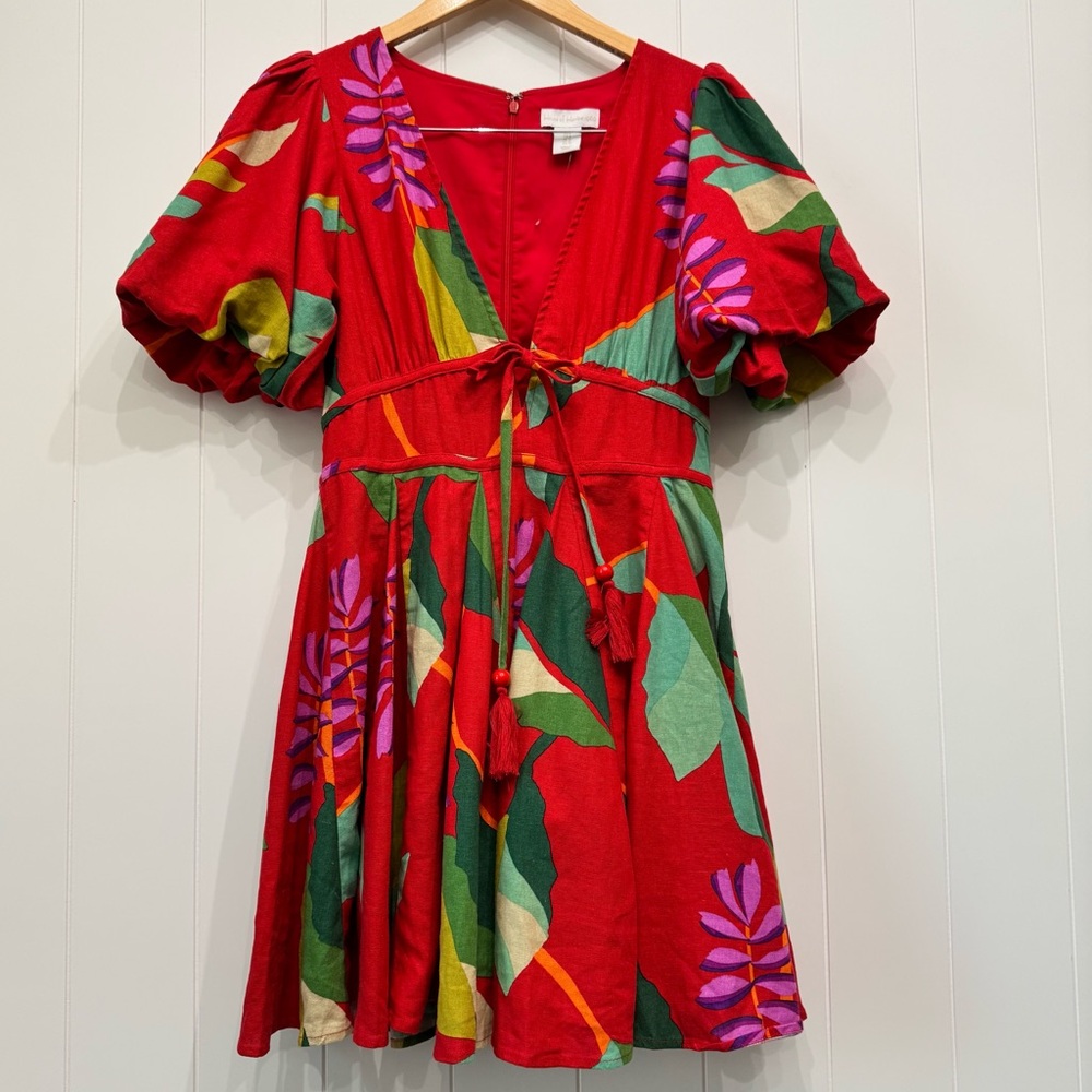House Of Harlow 1960 Red Floral Linen Blend Puff Sleeve Fit & Flare Mini Dress 6